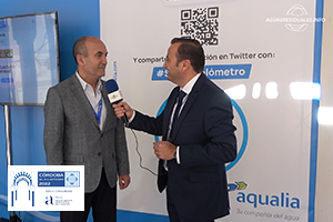 Juan Pablo Merino, nos recibe en el stand de AQUALIA para hablarnos del Sosteniblómetro del Agua